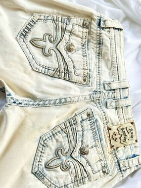 Rock Revival Bleached Tie-Dye Denim Jeans with Embroidered Waist Trim